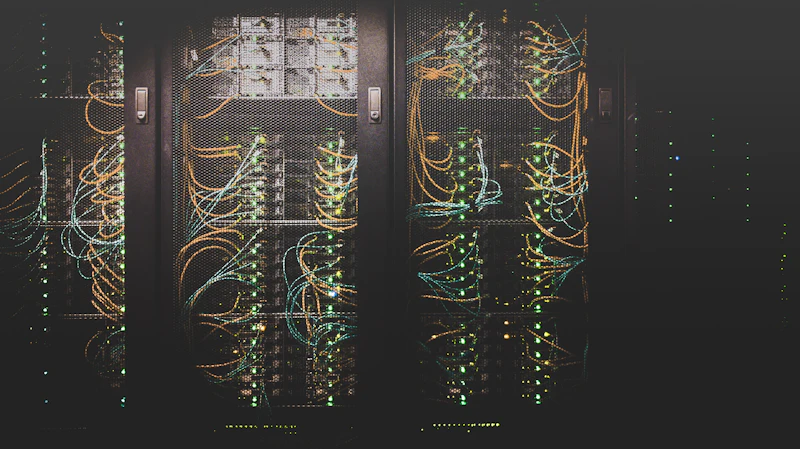 Painel de conexões de rede em um centro de dados, com cabos ordenados